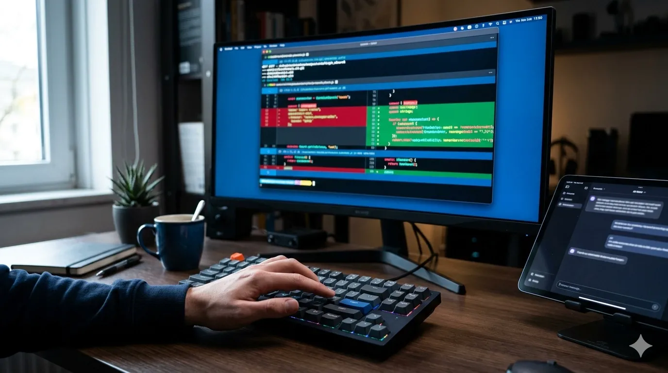 Developer reviewing AI-generated code changes in terminal before committing, hand poised over keyboard