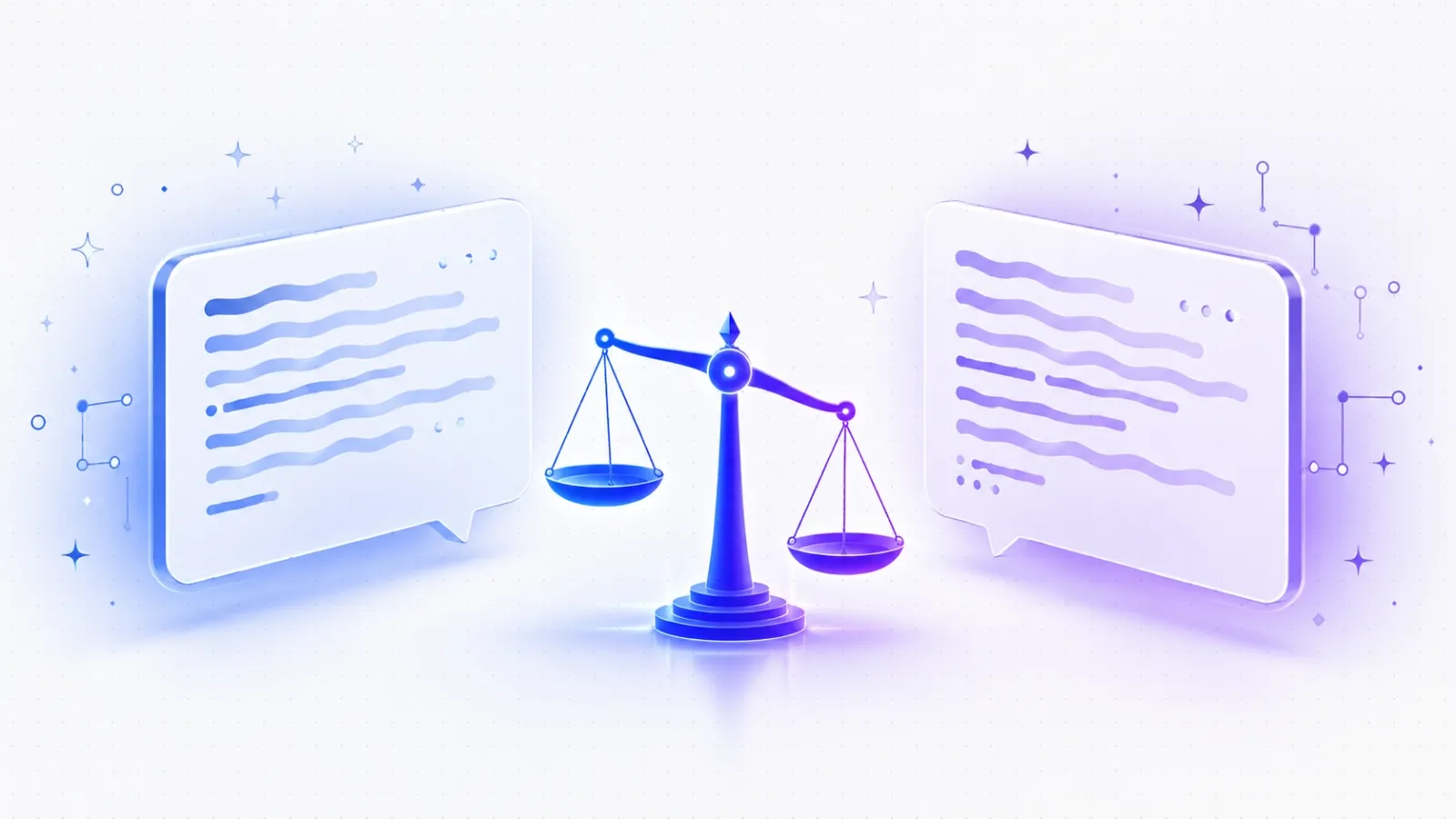 Flat vector illustration of two AI response panels side-by-side with a glowing balance scale between them, representing head-to-head model comparison on Arena.ai.