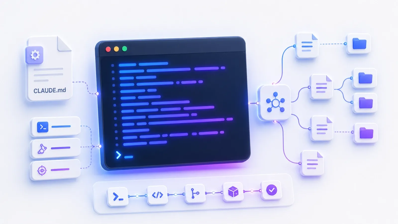 Clean 3D illustration of an optimized Claude Code terminal workflow with CLAUDE.md, custom commands, and structured context flow.