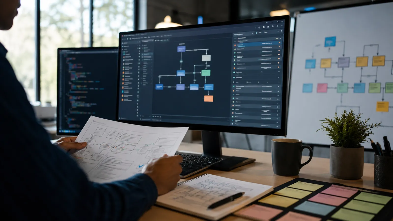 Structured AI development workflow showing orchestrated delegation from planning through review with quality gates
