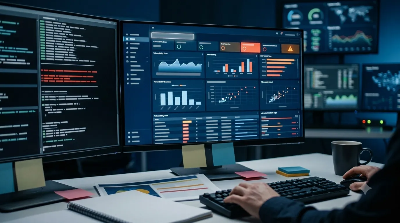 Security dashboard showing AI red teaming results with vulnerability scanning, adversarial attack testing, and risk assessment metrics