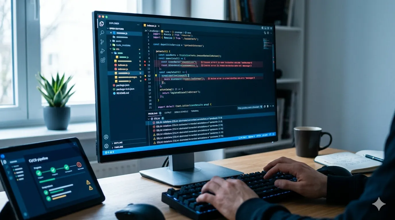 Code editor displaying JavaScript linting warnings and errors with automated quality checks and rule violations highlighted