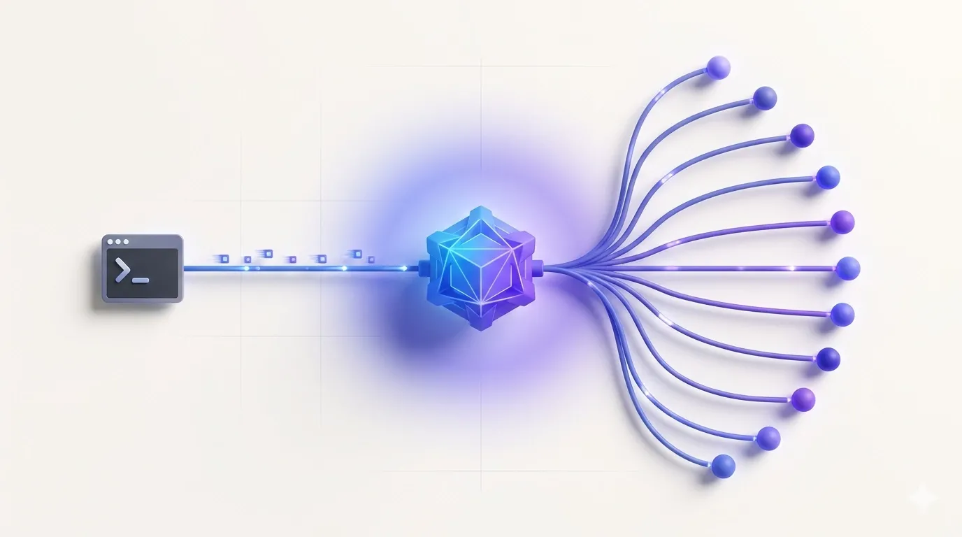 Soft 3D illustration of a central proxy hub routing data pipelines to multiple AI provider nodes, representing Free Claude Code's multi-provider architecture.