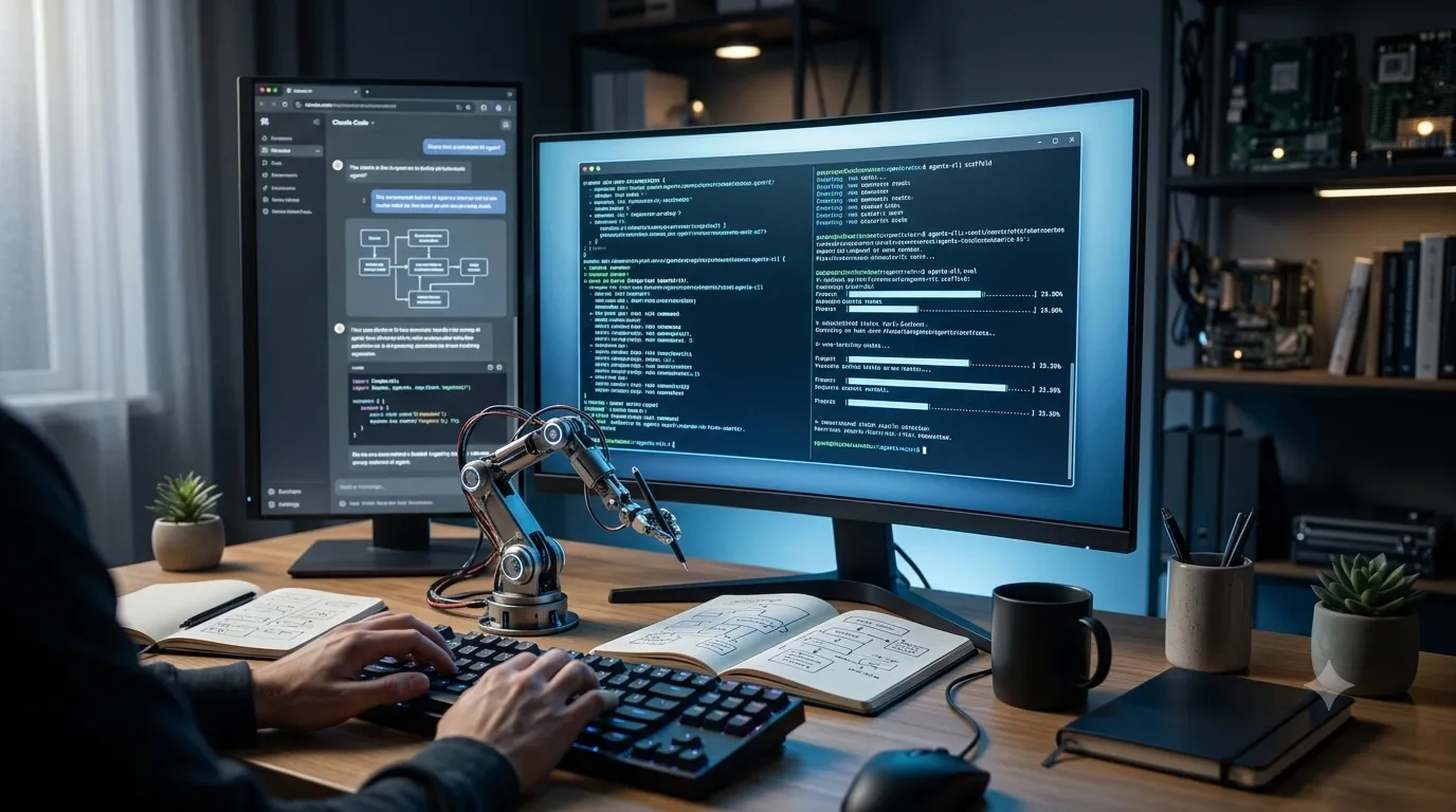 Layered AI development workflow showing coding agent building and deploying AI agents with CLI automation