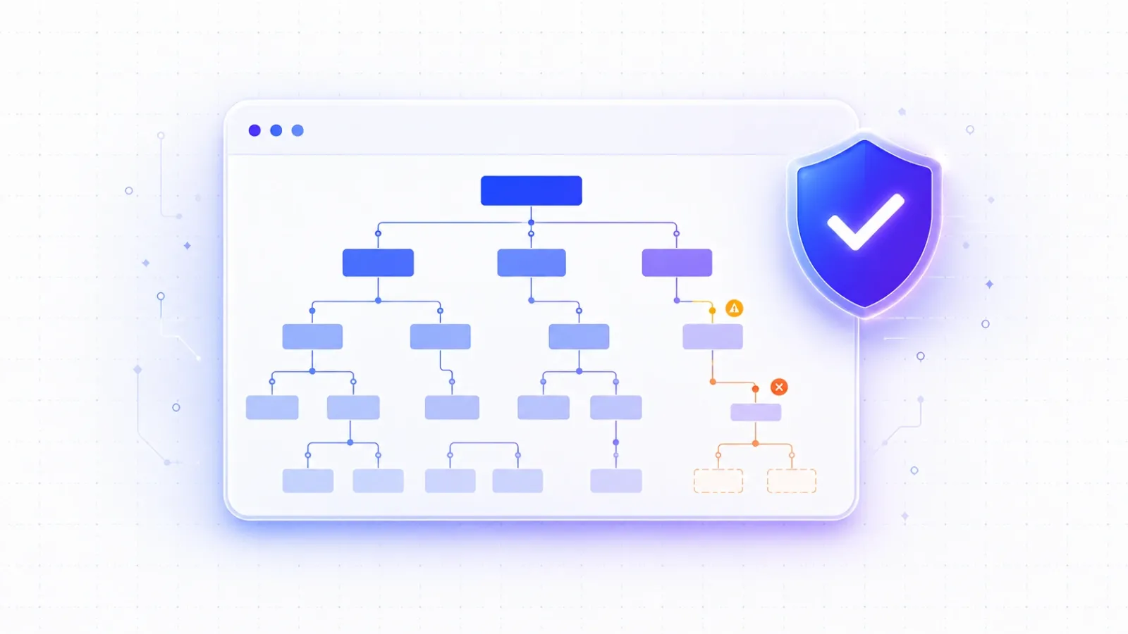 Flat vector illustration of a browser panel showing a JSON structured data tree with a glowing validation checkmark badge, representing Google Rich Results Test schema checking.