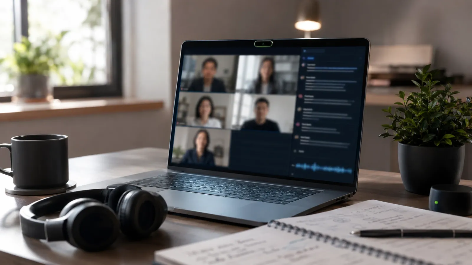 Professional laptop displaying video conference with local AI transcription interface processing meeting audio privately on device