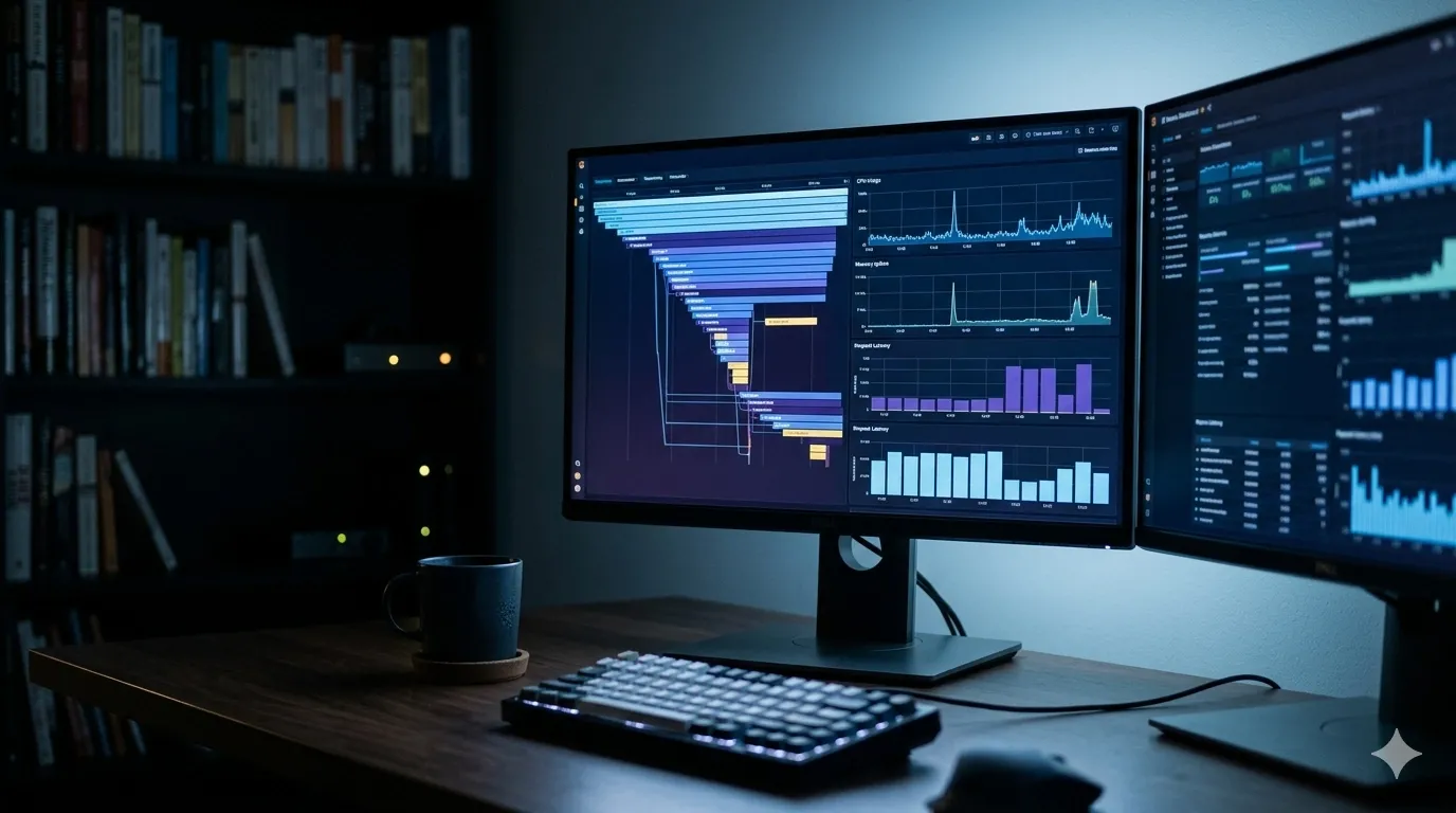 OpenTelemetry distributed traces and metrics flowing through a connected service pipeline, visualized as glowing data streams