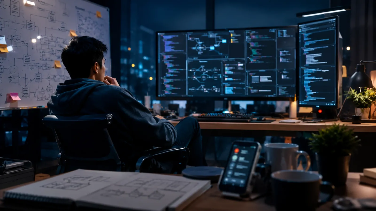 Developer workspace showing multiple AI coding agents working in parallel with side-by-side code comparison and mobile monitoring