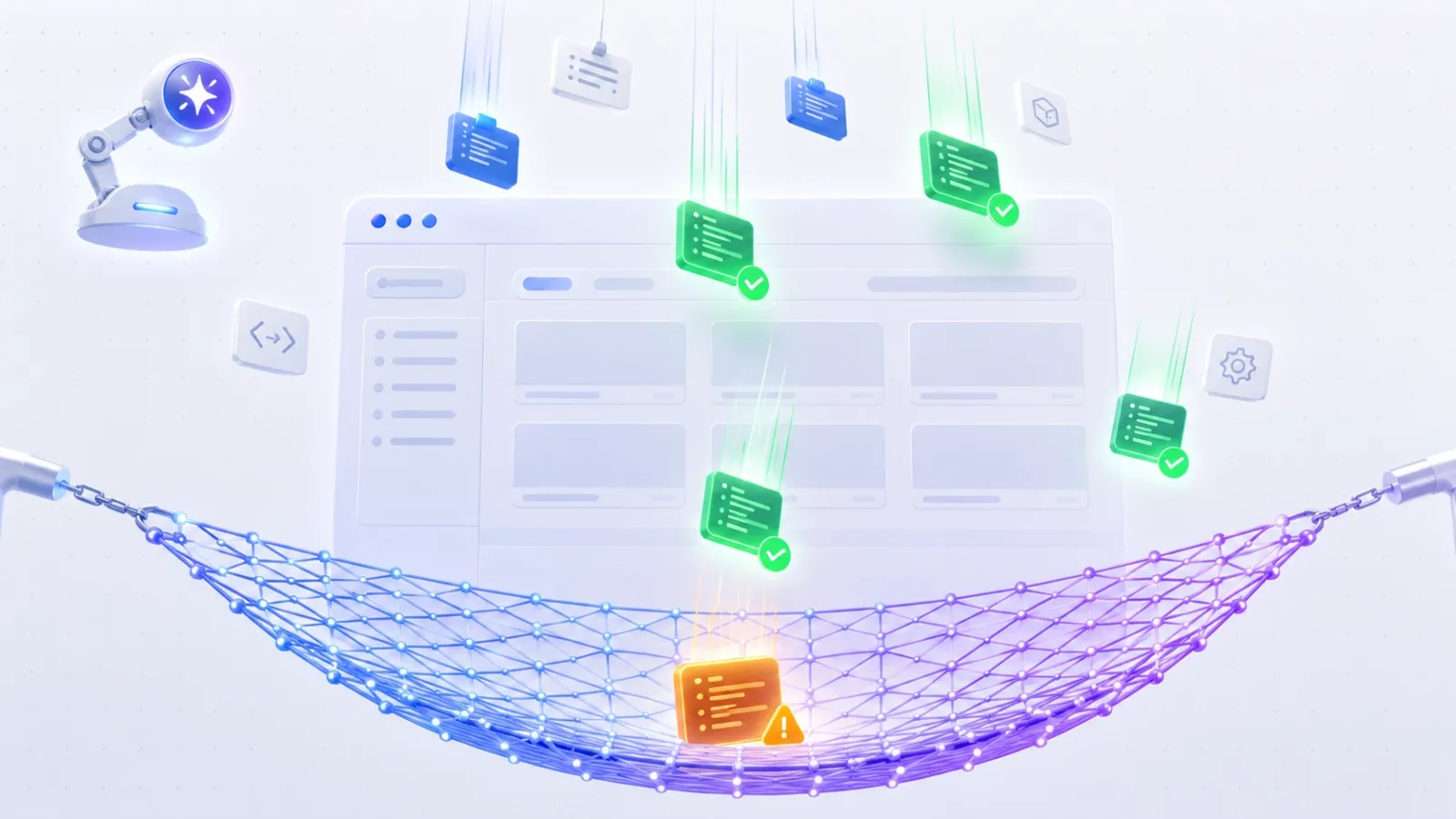 Soft 3D illustration of a browser window with a glowing geometric safety net catching falling code blocks, representing Playwright end-to-end tests catching AI-generated feature failures.