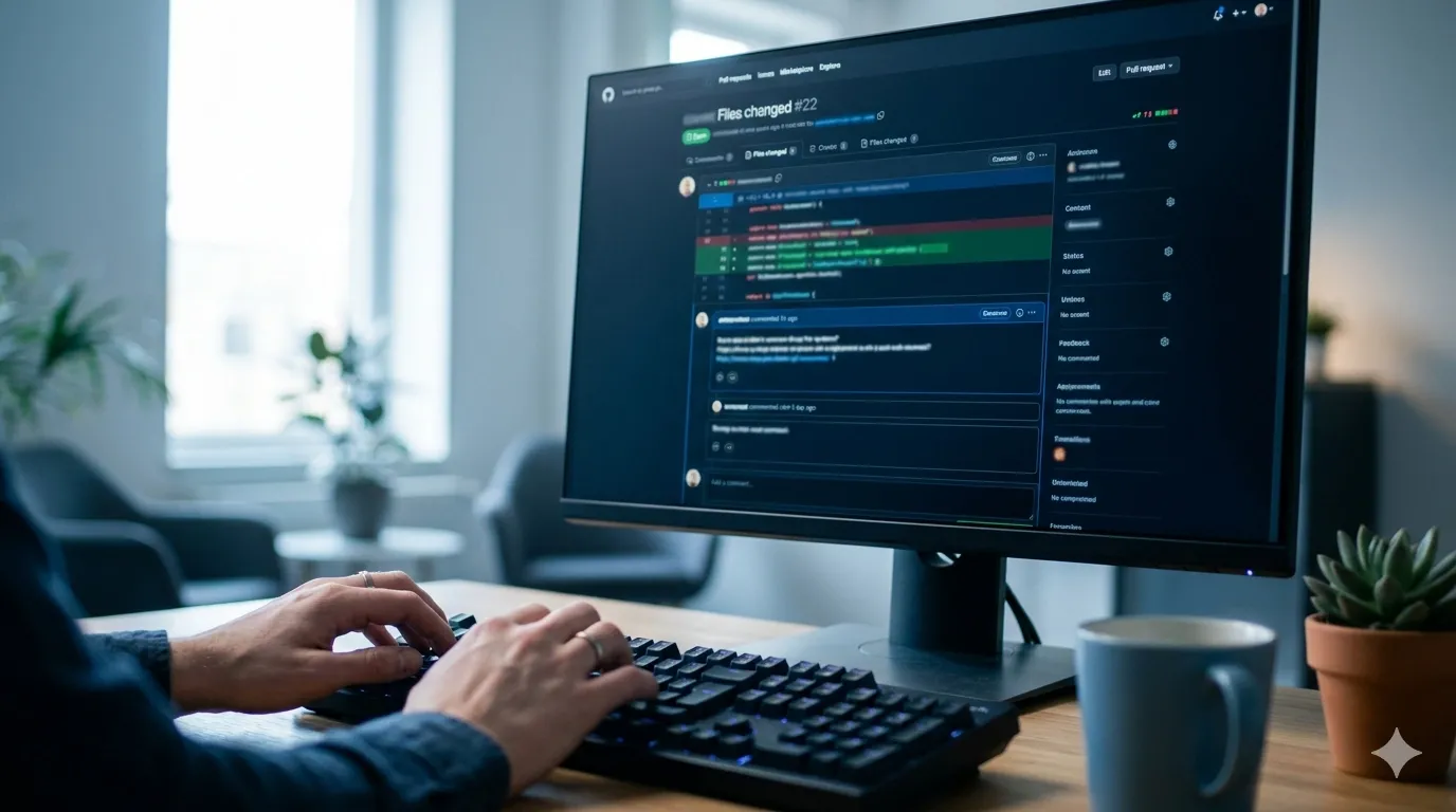 Developer reviewing inline linter comments on a pull request diff with automated code review feedback
