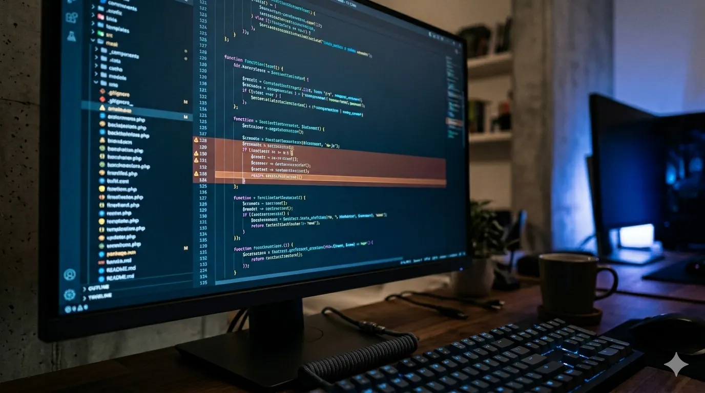 A scanning beam highlights flagged code blocks in a static analysis review, representing Semgrep catching security issues in AI-generated code