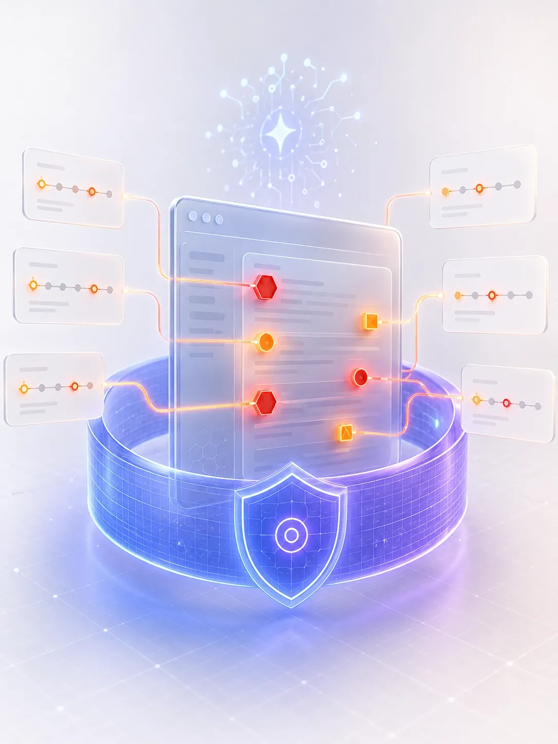 Soft 3D illustration of a glowing monitoring shield ring surrounding an application panel, catching amber error signals and displaying breadcrumb context cards — representing Sentry runtime error monitoring.