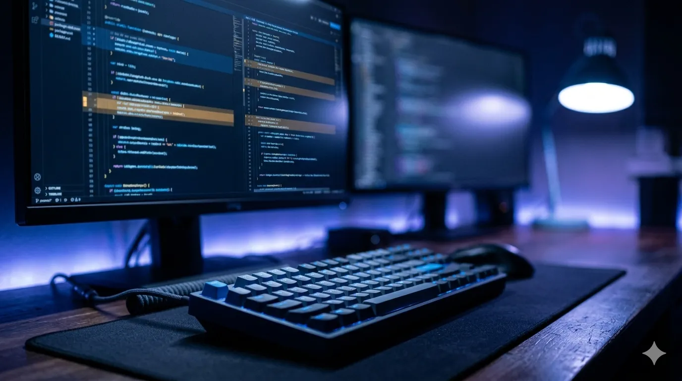 Magnifying glass scanning layered PHP code files and surfacing code smell and vulnerability indicators in a blue indigo editorial style
