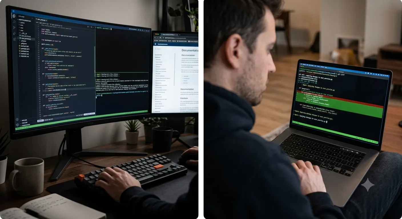A developer typing on a mechanical keyboard at a minimalist desk setup with a large ultrawide monitor displaying a terminal interface and IDE with code.