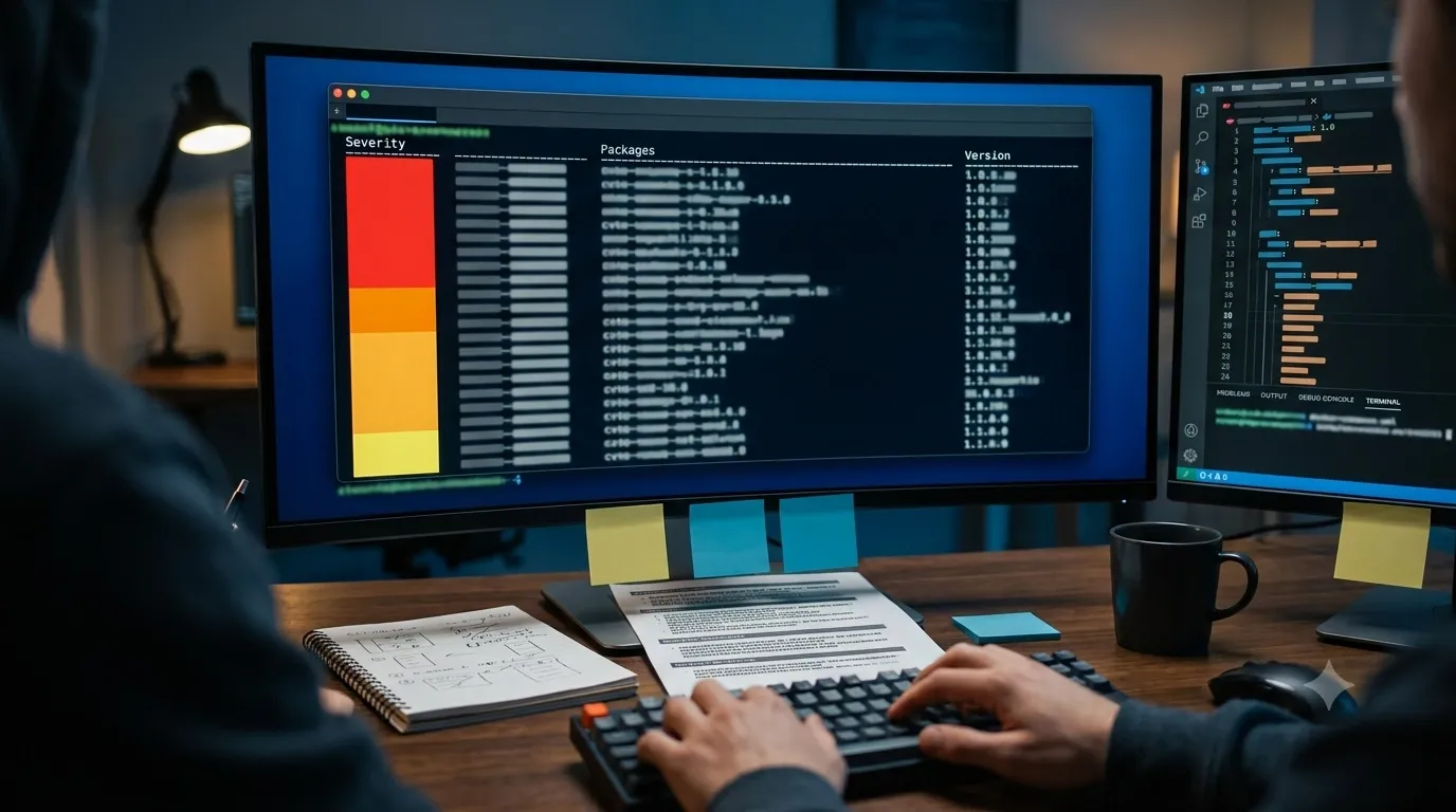 Developer workstation showing container vulnerability scanning results with CVE detection and severity indicators in terminal output