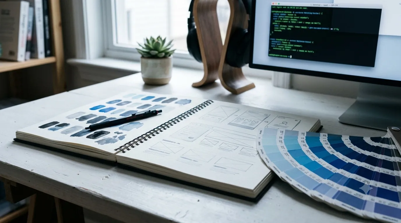 AI design system reasoning pipeline concept showing industry-specific style, color palette, and typography recommendations branching from a central decision engine