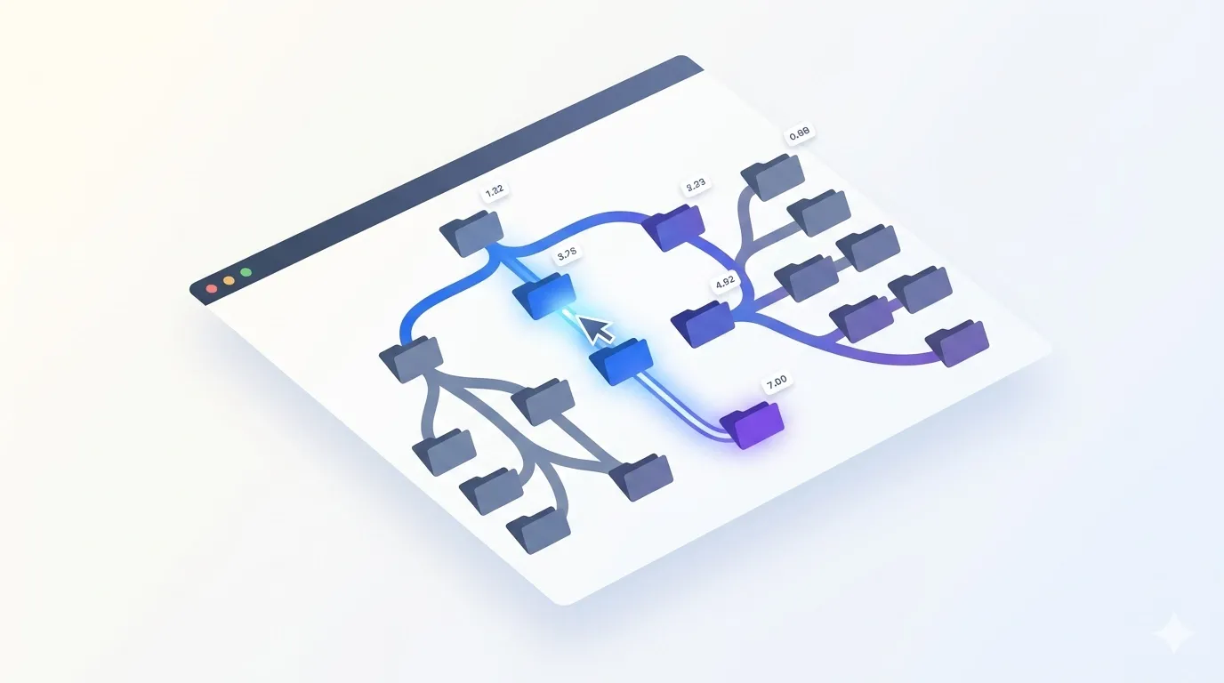 Abstract illustration of a terminal cursor navigating a directory tree along an optimized glowing path, representing zoxide's smart navigation.