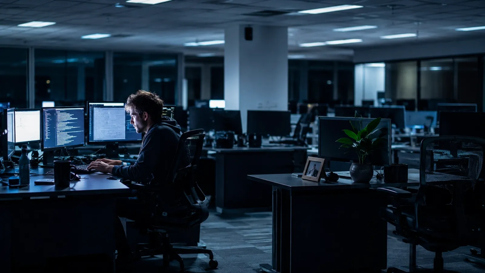 Single developer working alone at a glowing desk surrounded by empty abandoned workstations in a darkened office