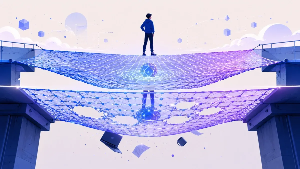A developer stands confidently on a glowing net that appears solid from above but reveals large gaps from below, symbolizing false confidence in AI review.