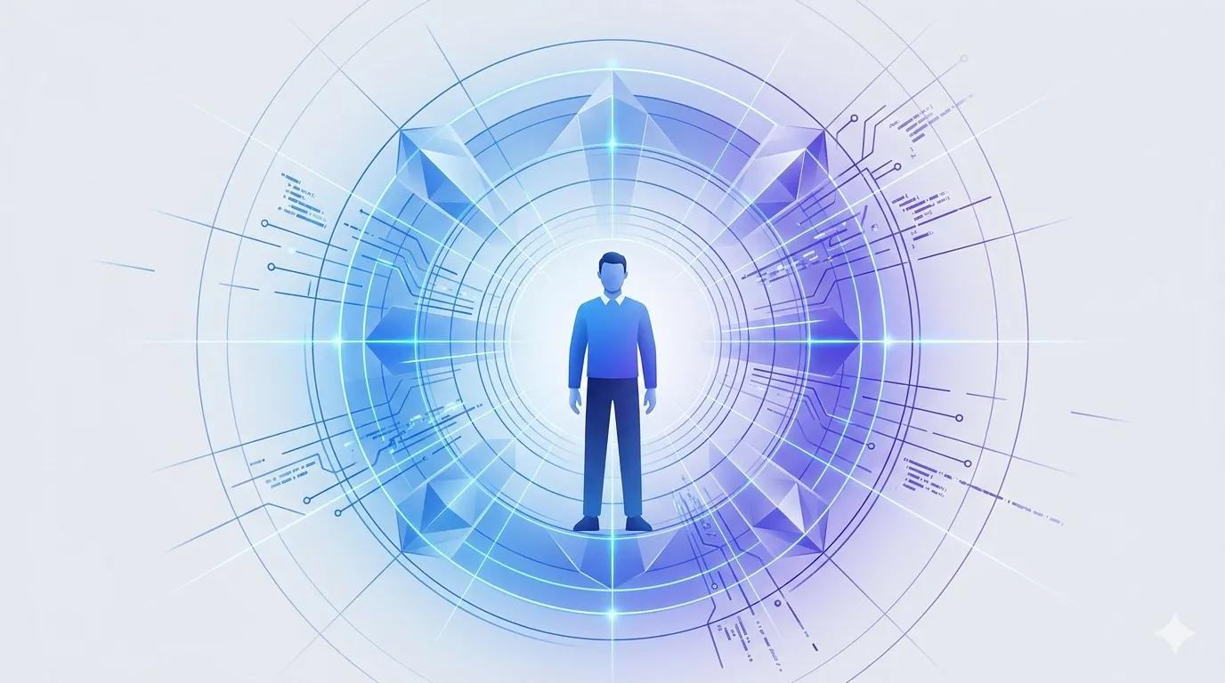 Developer figure at center with radiating geometric patterns showing amplified productivity