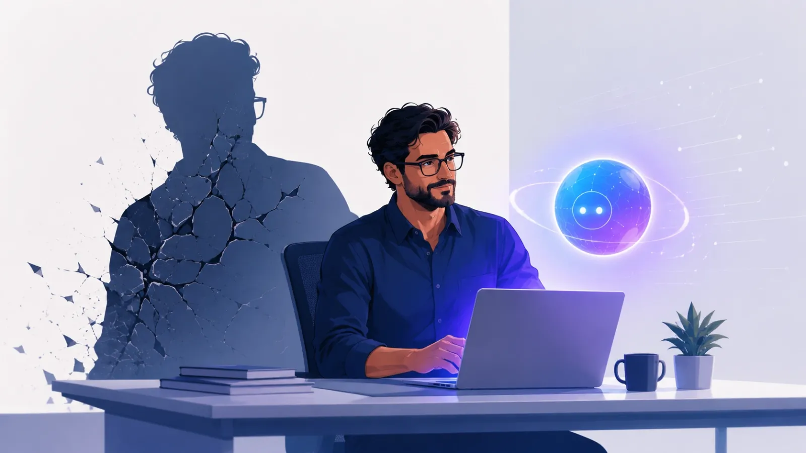 A confident engineer works alongside a glowing AI orb while their shadow reveals hidden cracks, symbolizing unseen risk behind expertise.