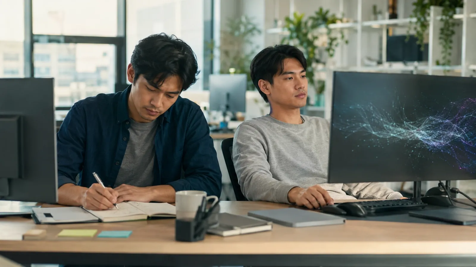 Two developers side by side, one writing thoughtfully in a notebook and one passively watching AI generate documentation on screen