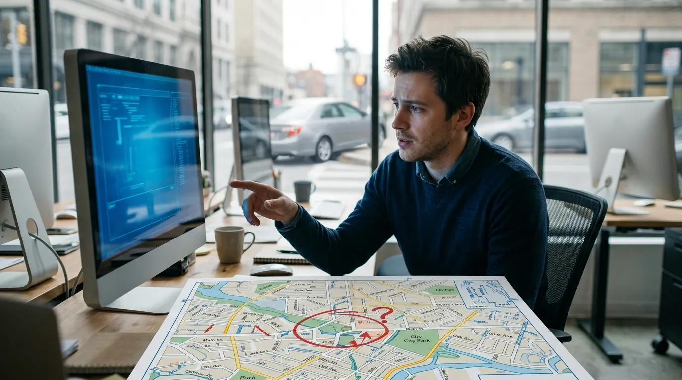 Developer working with an AI interface on screen while through the window behind them a car sits visibly lost after a wrong turn