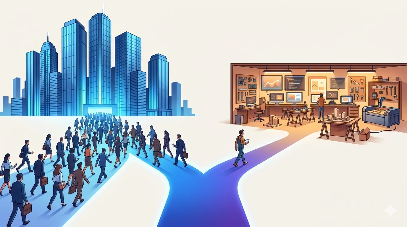 A crowded glowing path leads toward imposing corporate towers while a lone figure takes a quieter path toward a warm independent workshop space.