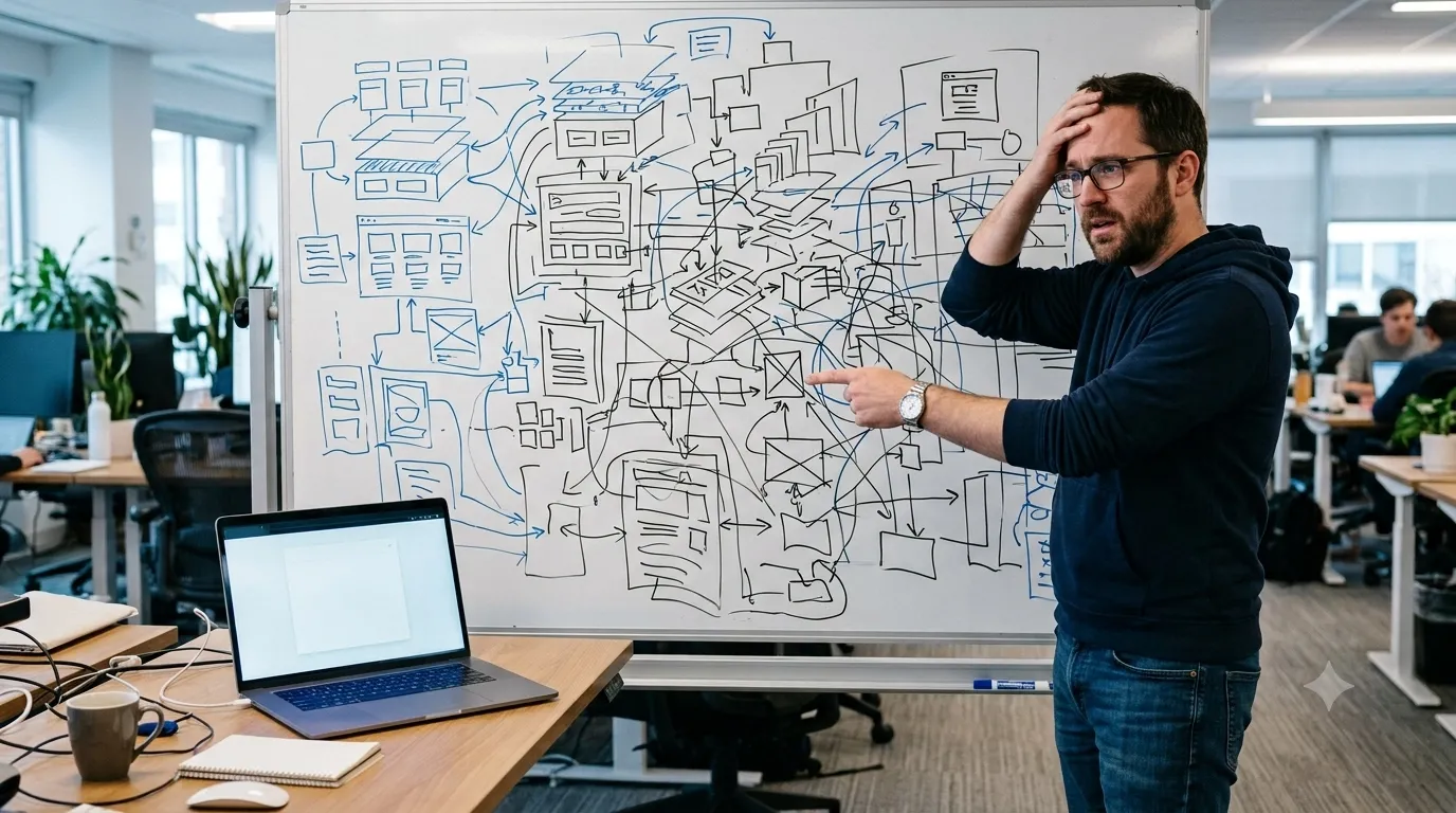 Developer beside overly complex whiteboard diagram, pointing, with a simple app on a laptop showing the contrast