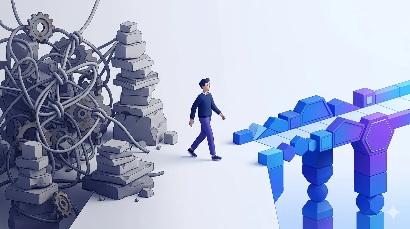 Developer moving from tangled legacy code toward a clean modular framework path
