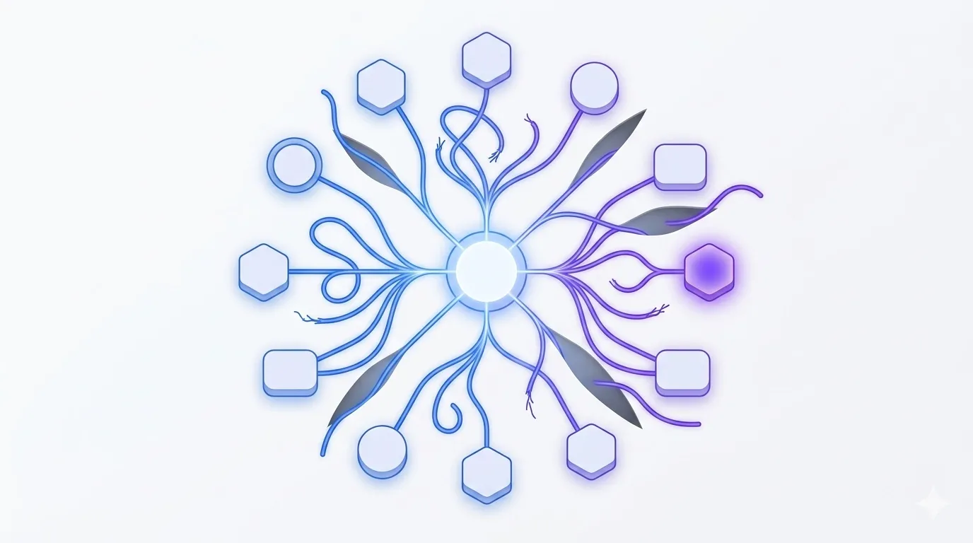 A glowing event-driven architecture diagram looks elegant from a distance but reveals frayed connections and a failing node on closer inspection.
