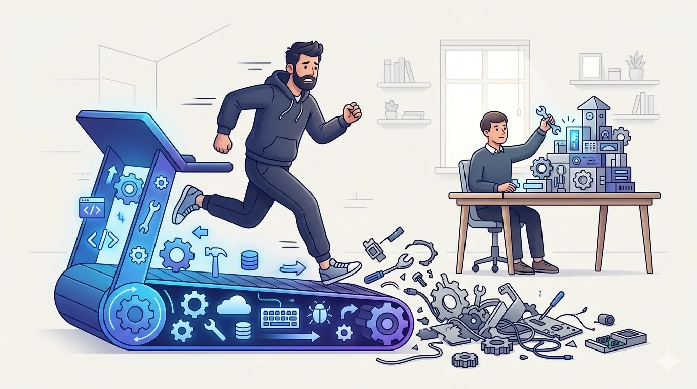 A developer runs on a treadmill of glowing tool icons going nowhere, while a calm figure builds steadily at a plain desk in the background.