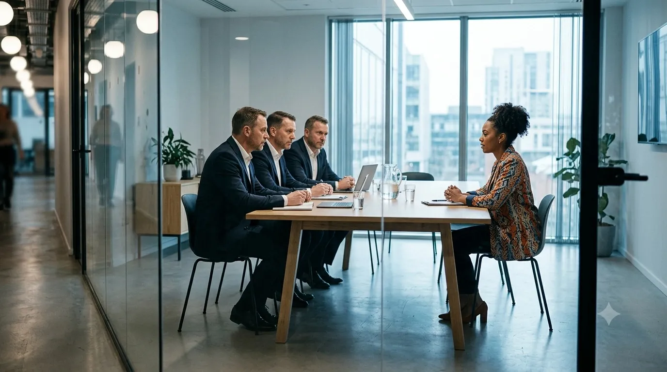 Diverse candidate sitting across from nearly identical-looking interviewers in a modern glass-walled conference room