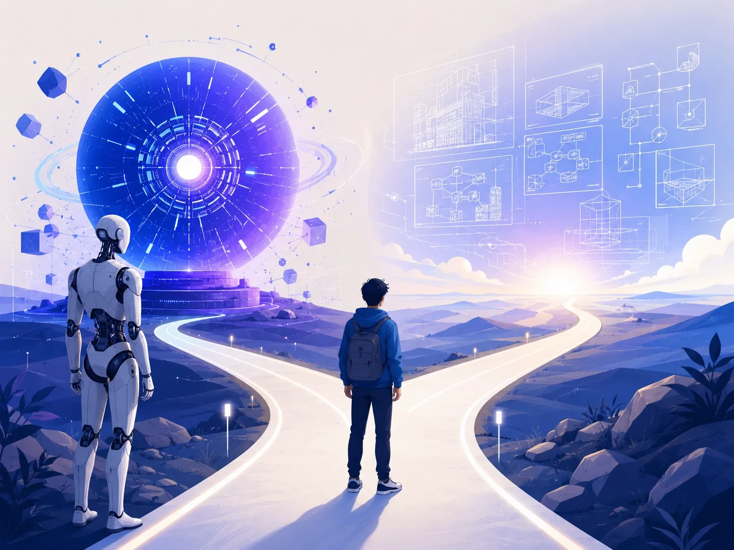 A junior developer figure stands at a crossroads between an AI orb and an open horizon of system diagrams, choosing their path forward.