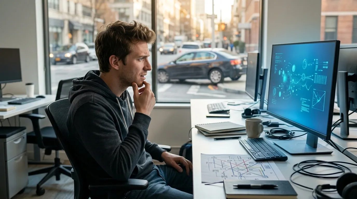 Two developers at the same desk in contrasting modes—one moving fast with many open screens, one working slowly and deliberately with a notebook