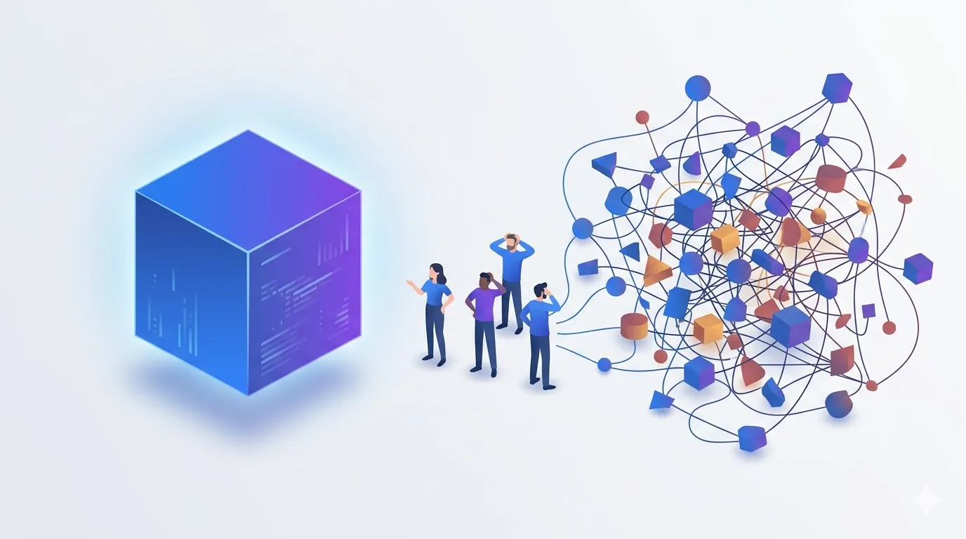 Simple unified block contrasted with tangled web of fragmented services and overwhelmed developers