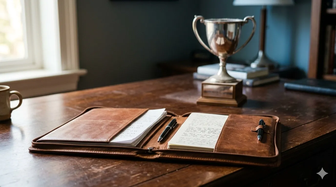 A dusty trophy sitting behind frosted glass beside an open portfolio in clear light, contrasting prestige with practical results