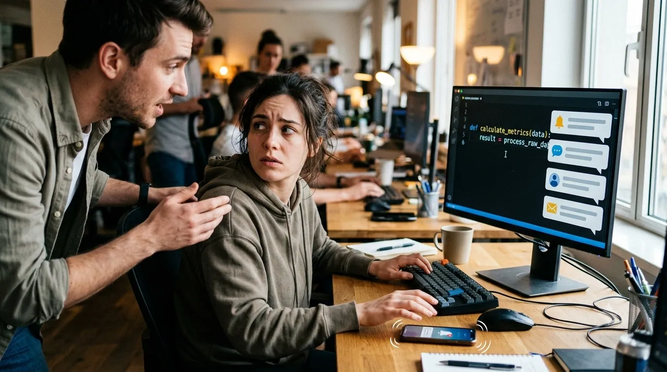 Developer caught between multiple simultaneous interruptions at desk with notifications, colleague, and unfinished code on screen