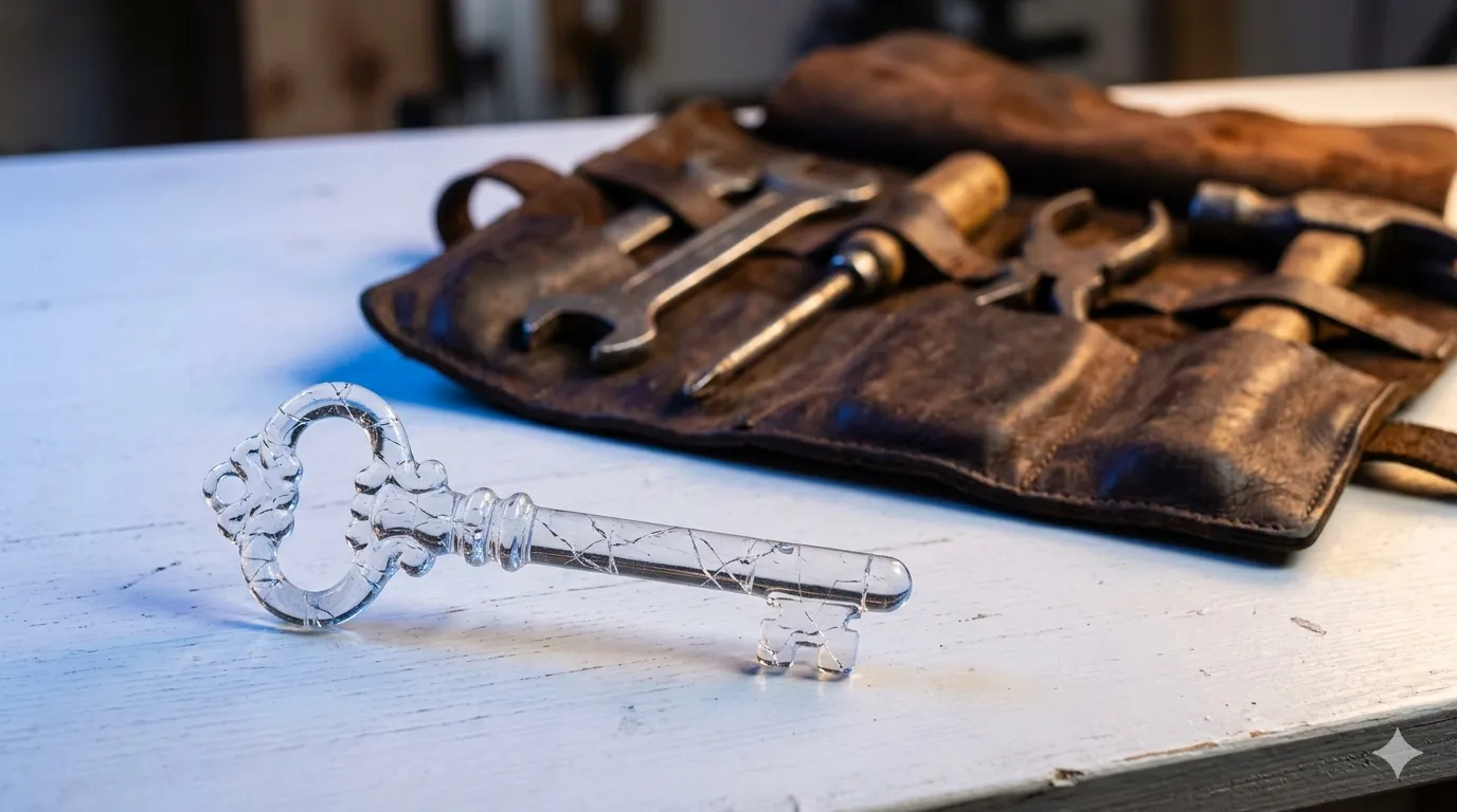 A cracking glass key dissolving beside a sturdy toolbox, representing temporary shortcuts versus durable skills