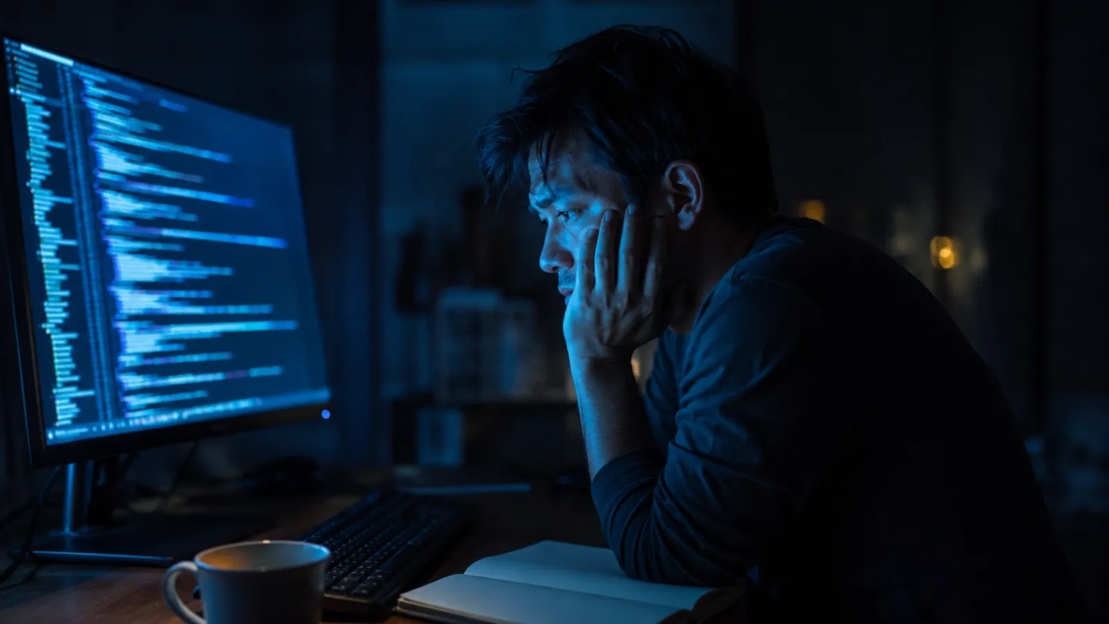 Developer alone at night staring at a monitor full of code with a confused and uneasy expression, notebook open and blank beside them