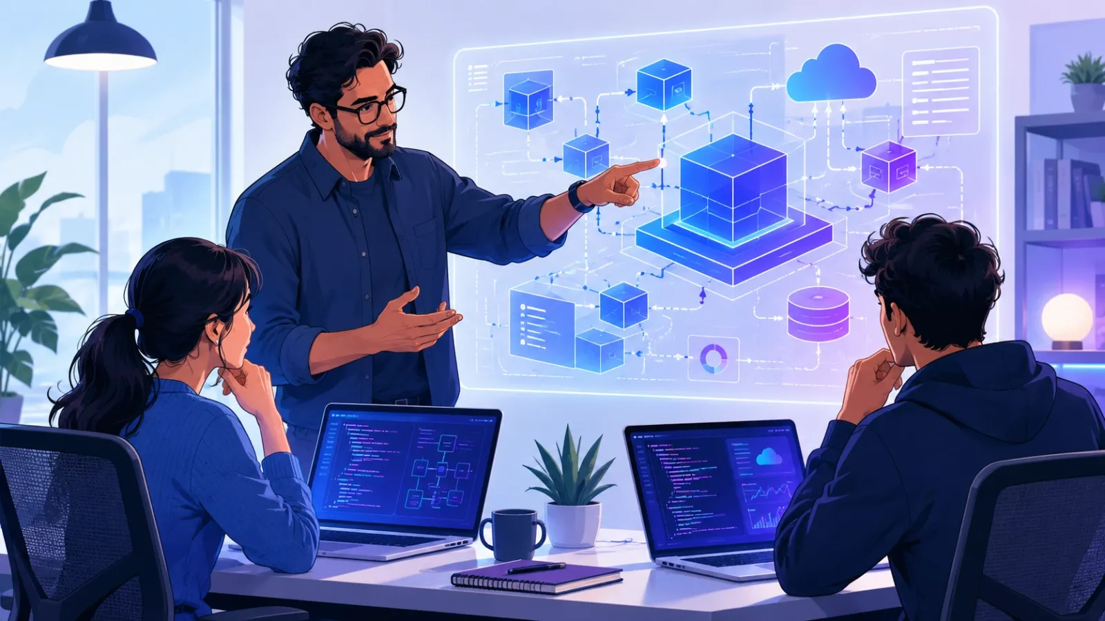 Senior engineer guiding two developers at their workstations, pointing to a shared architecture diagram in a collaborative team scene.
