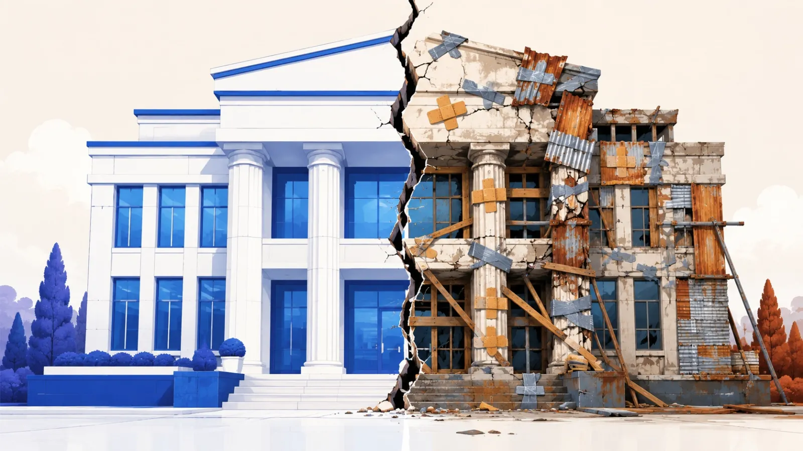 A split illustration contrasting a clean structured building with a crumbling patched version, symbolizing tech debt tolerance in engineering culture.
