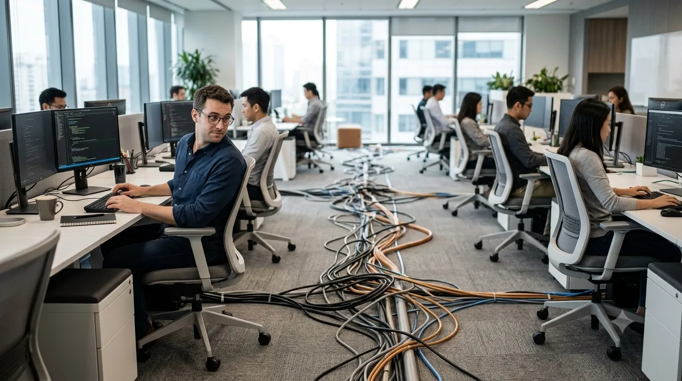 Tangled cables running between office desks while engineers on either side look away, ignoring the shared problem