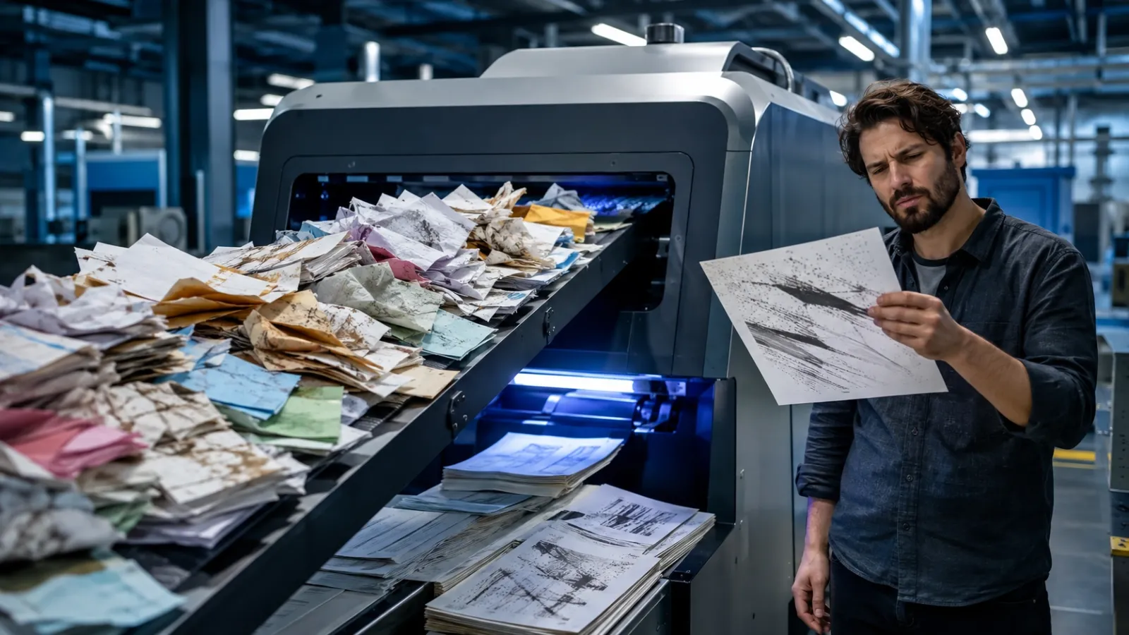 Developer examining output from a machine fed by a conveyor belt carrying a mixed stream of high and low quality documents