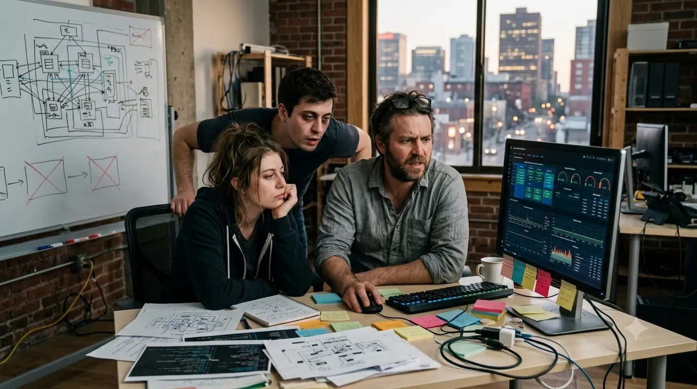Small team of developers overwhelmed by complex cluster management dashboard in a startup office environment