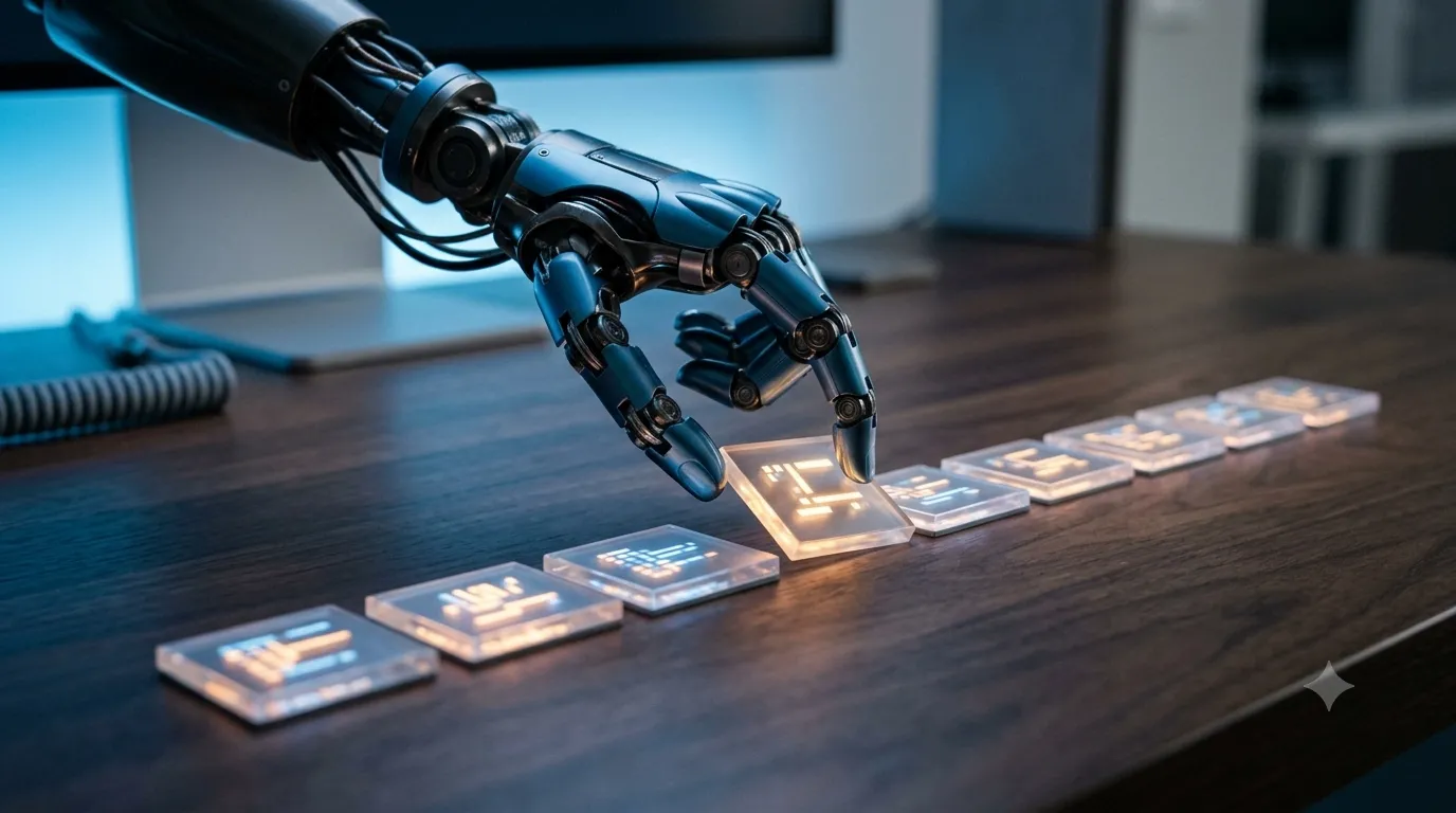 Robotic arm aligning misformatted PHP code blocks into a clean grid, representing automated code formatting in CI