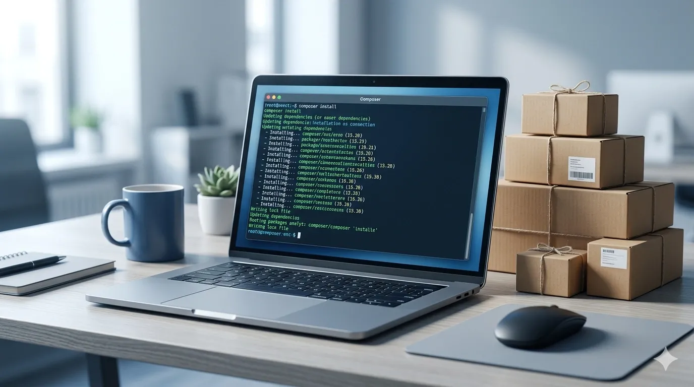 Composer dependency manager organizing PHP packages on a LAMP server workspace