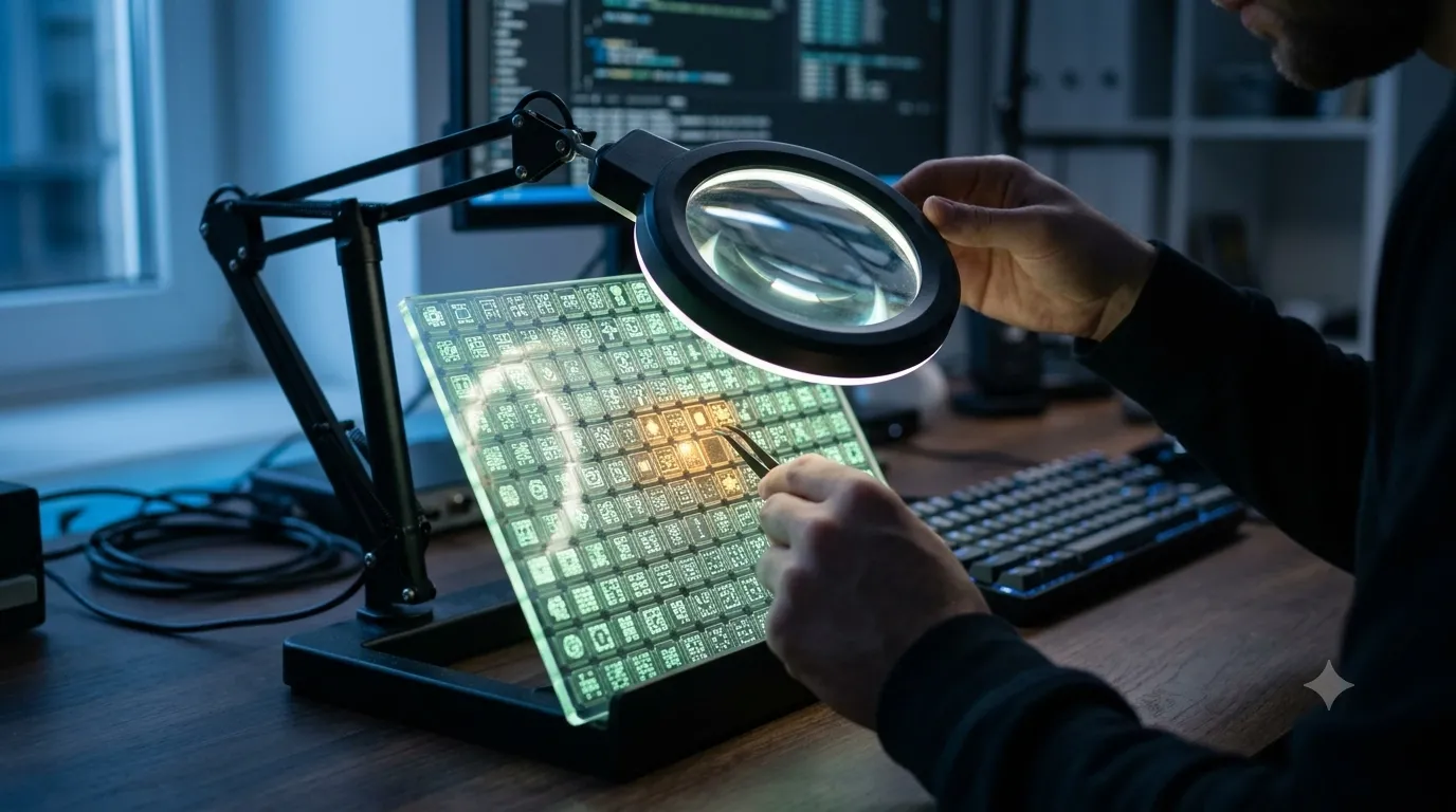 Magnifying glass scanning PHP code blocks in a CI pipeline, flagging type errors for static analysisv